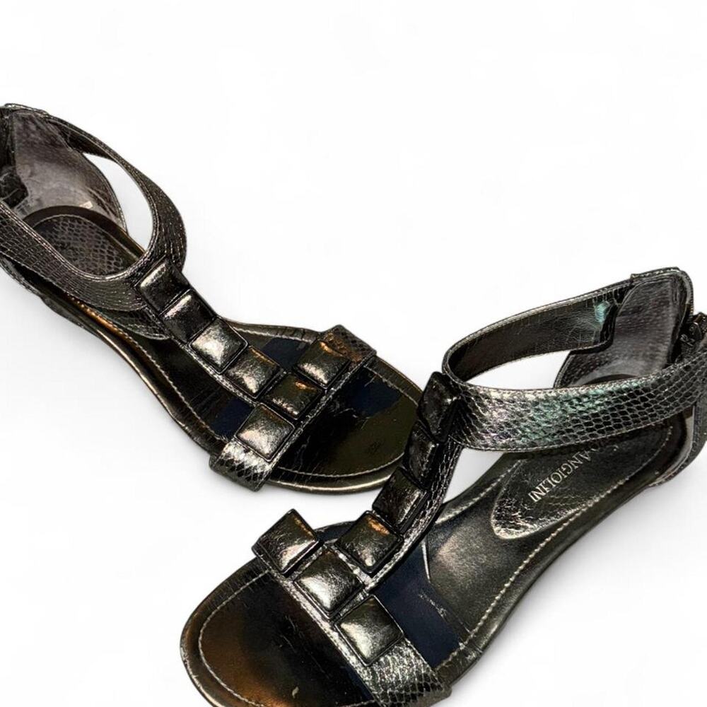 Charcoal metallic black grey snakeskin sandals
